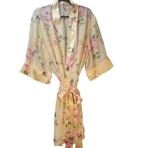 Vintage Delicates Yellow Sheer Chiffon Floral Kimono Robe Satin Trim XL